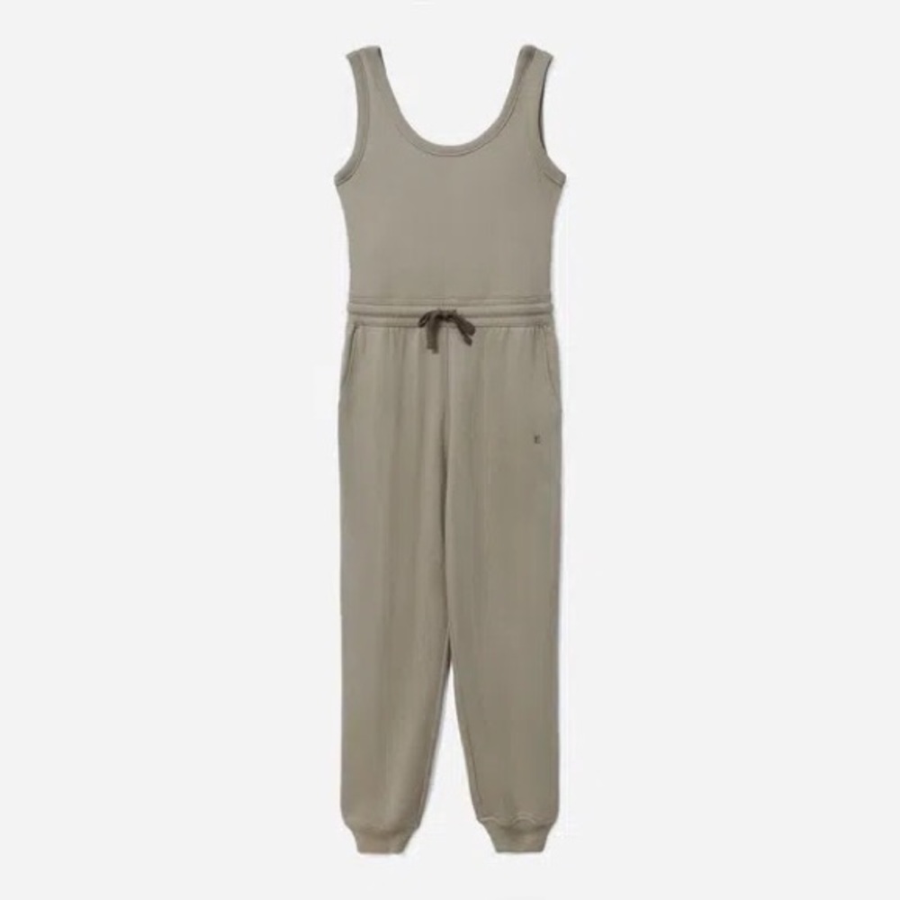 everlane french terry jumpsuit, field green
